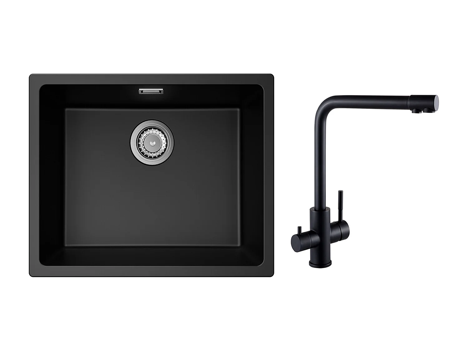 Evier 1 Bac en Quartz et Résine, 3 Options de Montage, 55*44*20cm + Mitigeur Evier à 3 Voies, 2 Leviers, Noir