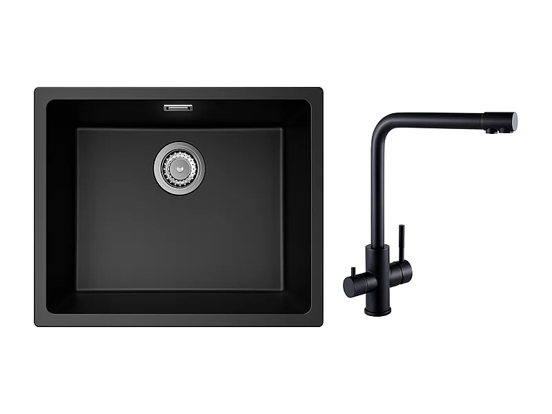 Evier 1 Bac en Quartz et Résine, 3 Options de Montage, 55*44*20cm + Mitigeur Evier à 3 Voies, 2 Leviers, Noir