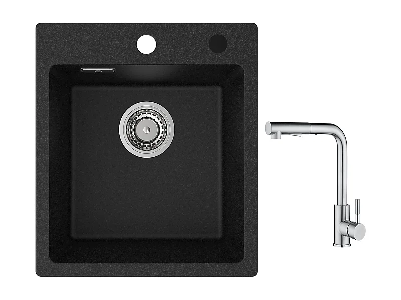 Lavello da Cucina Cecipa max 40x45cm in Quarzo e Resina Lavello in Quarzo 1 Vasca Nera + Miscelatore con Doccetta Estraibile - 2 Getti a Scelta - Spazzolato