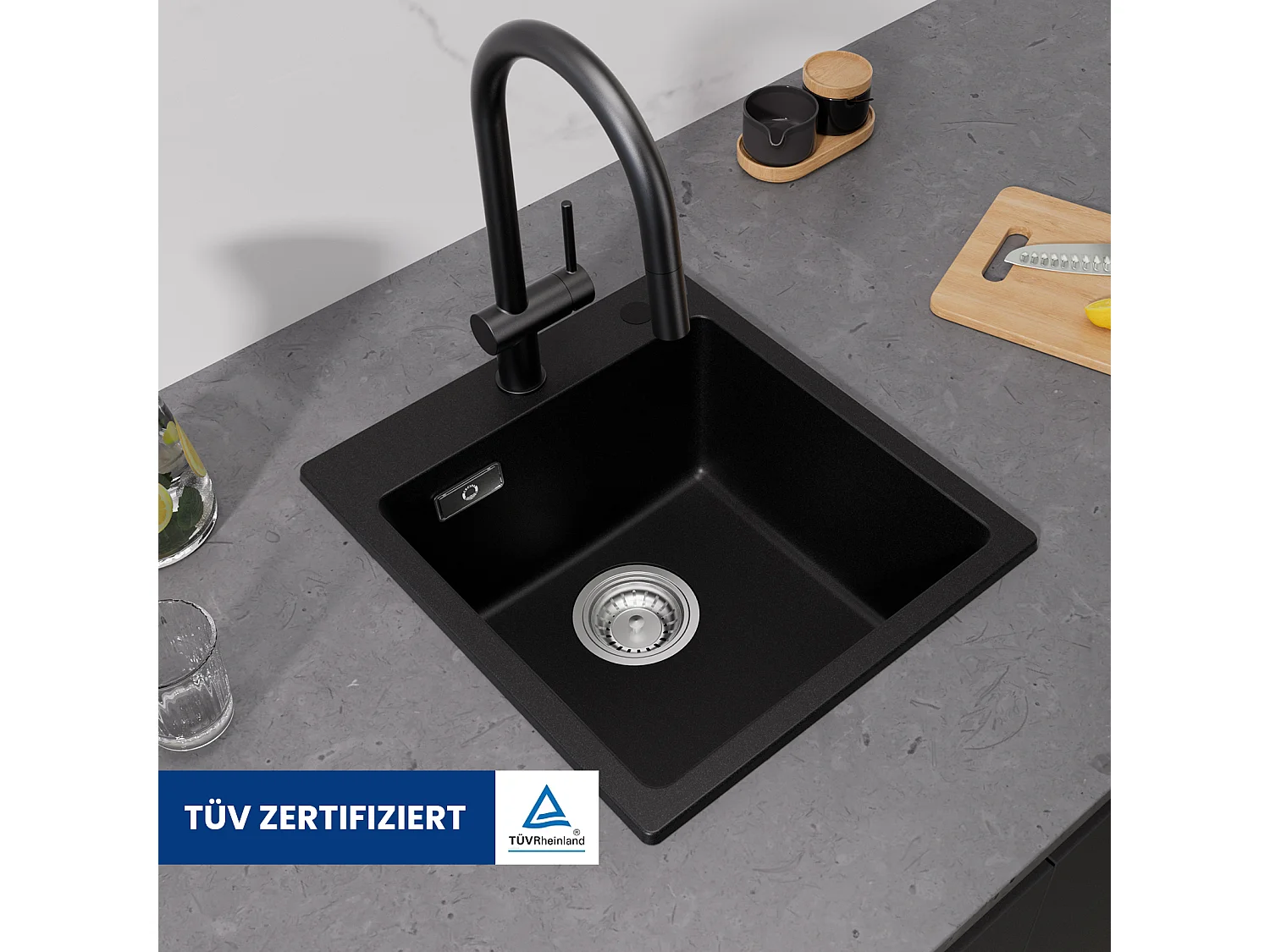 Cecipa max Fregadero de Cocina de Cuarzo y Resina 40x45 cm Fregadero de Cuarzo 1 Seno Negro + Grifo de Cocina Abatible Mezclador de Fregadero Abatible Cepillado