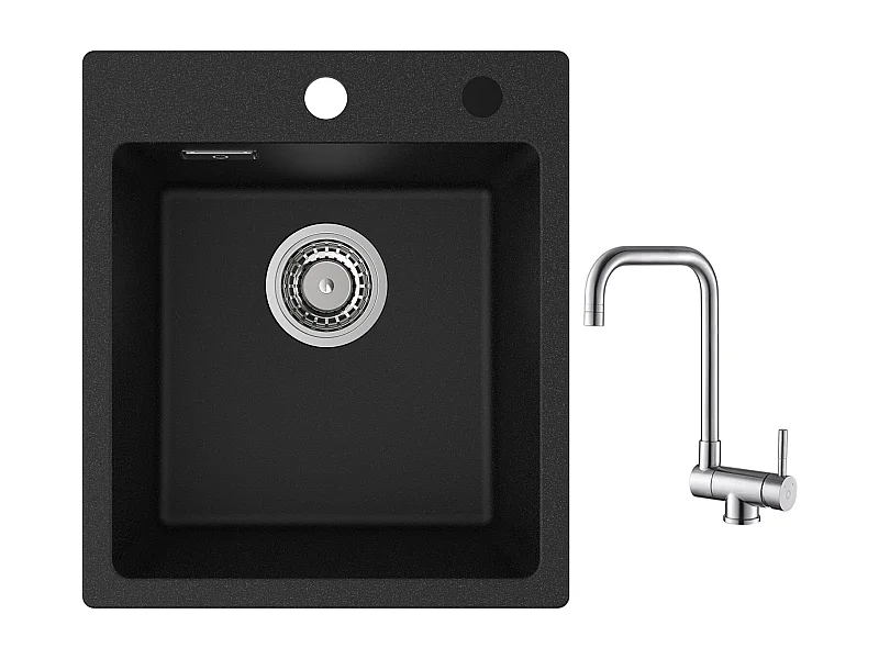 Cecipa max 40x45cm Evier de Cuisine en Quartz et Résine Evier Quartz 1 Bac Noir + Robinet Cuisine Rabattable Mitigeur de Evier Repliable Brossé