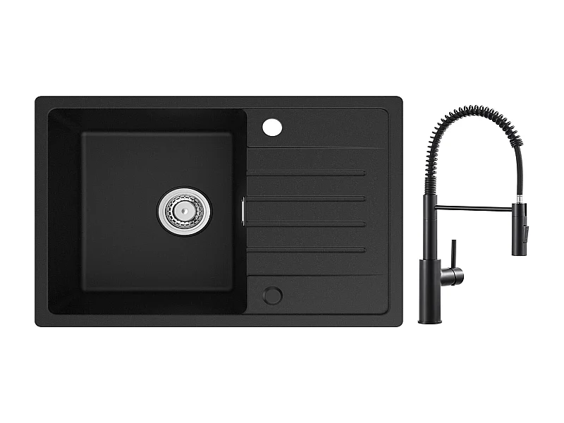 Cecipa max 78x45cm 1 bak spoelbak met afdruiprek Zwarte kwarts en hars inbouwspoelbak + Zwarte veer keukenmengkraan met uittrekbare spray