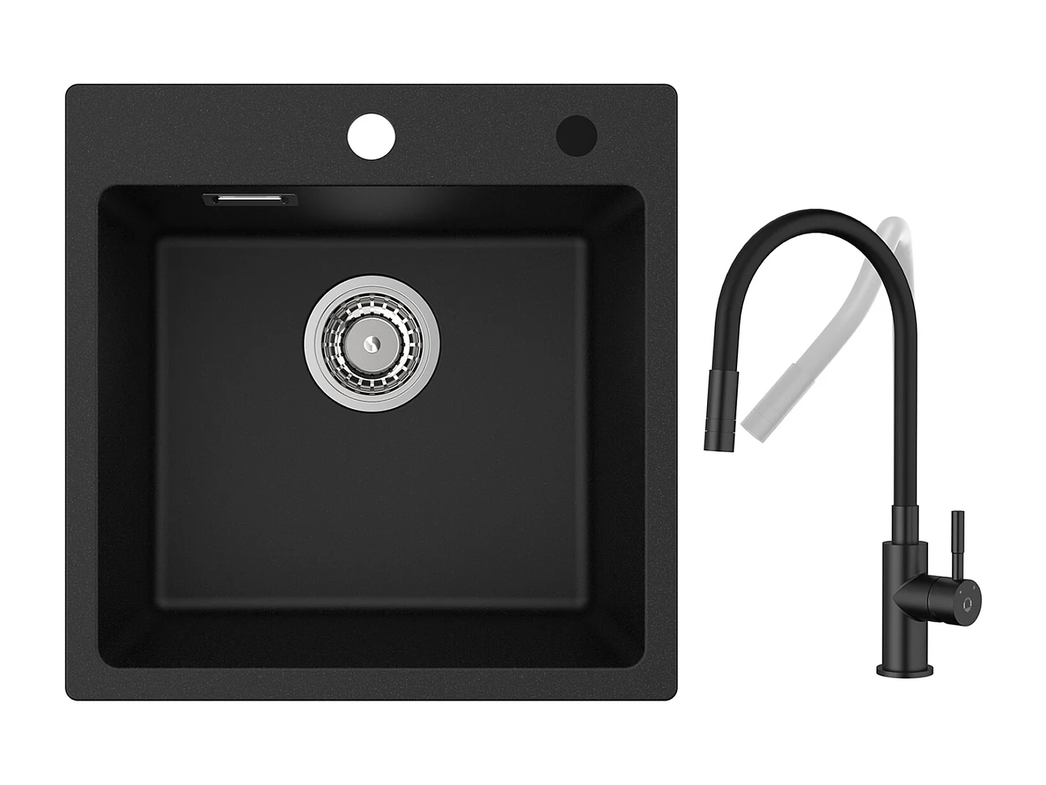 CECIPA MAX Evier Quartz Noir 45x45 cm Evier 1 Bac en Quartz et Résine + Flexible Mitigeur de Cuisine, 2 Types de Jets  Robinet Extractible Noir