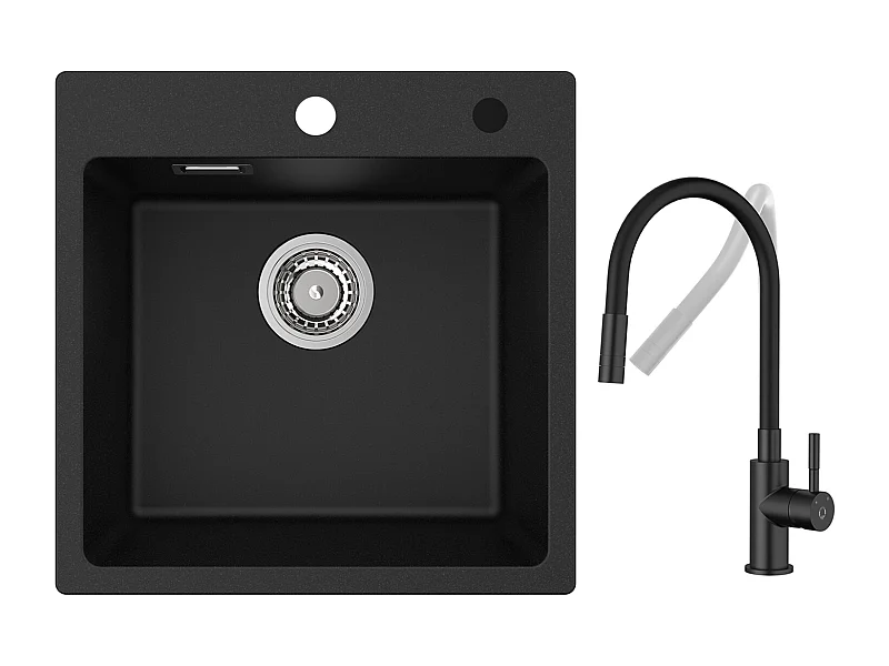 CECIPA MAX Evier Quartz Noir 45x45 cm Evier 1 Bac en Quartz et Résine + Flexible Mitigeur de Cuisine, 2 Types de Jets  Robinet Extractible Noir
