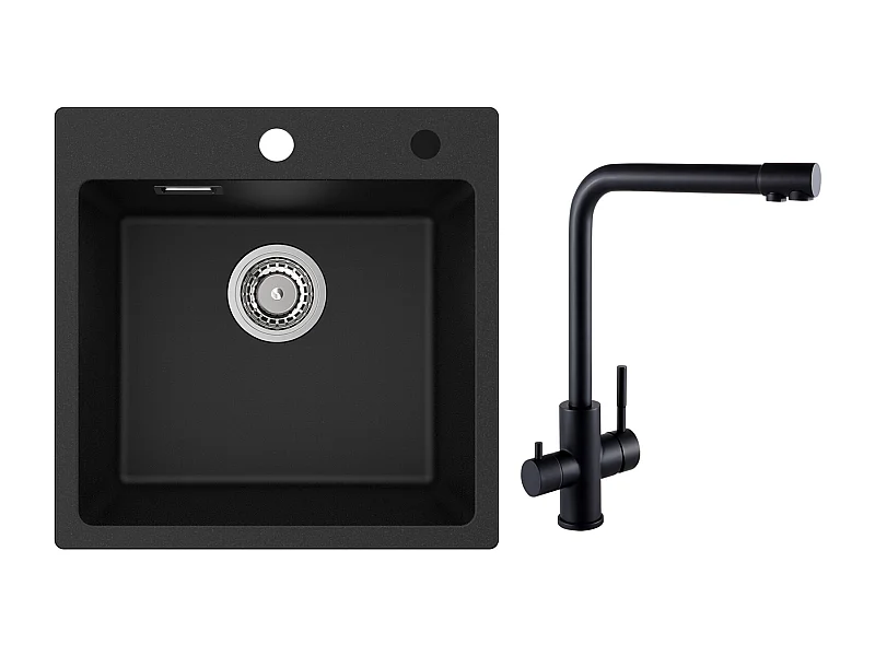 Cecipa MAX Evier 1 Bac en Quartz et Résine Noir 45x45cm Evier à Encastrer + Mitigeur Evier à 3 Voies, 2 Leviers, Noir