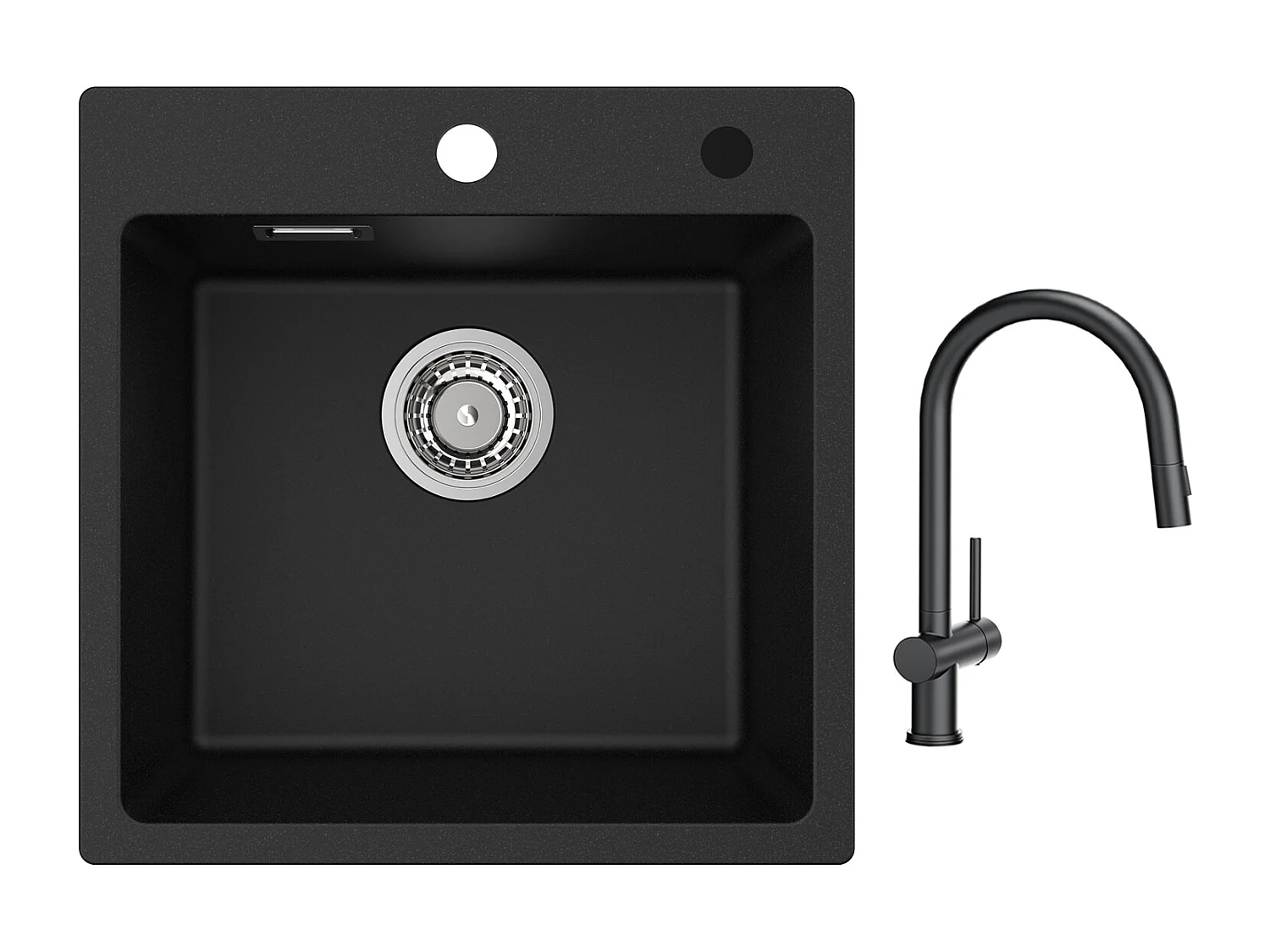 Cecipa max Fregadero de Cuarzo Negro 45x45cm Fregadero de 1 Seno de Cuarzo y Resina + Mezclador de Cocina con Ducha Extraíble con 2 Tipos de Ducha Negro