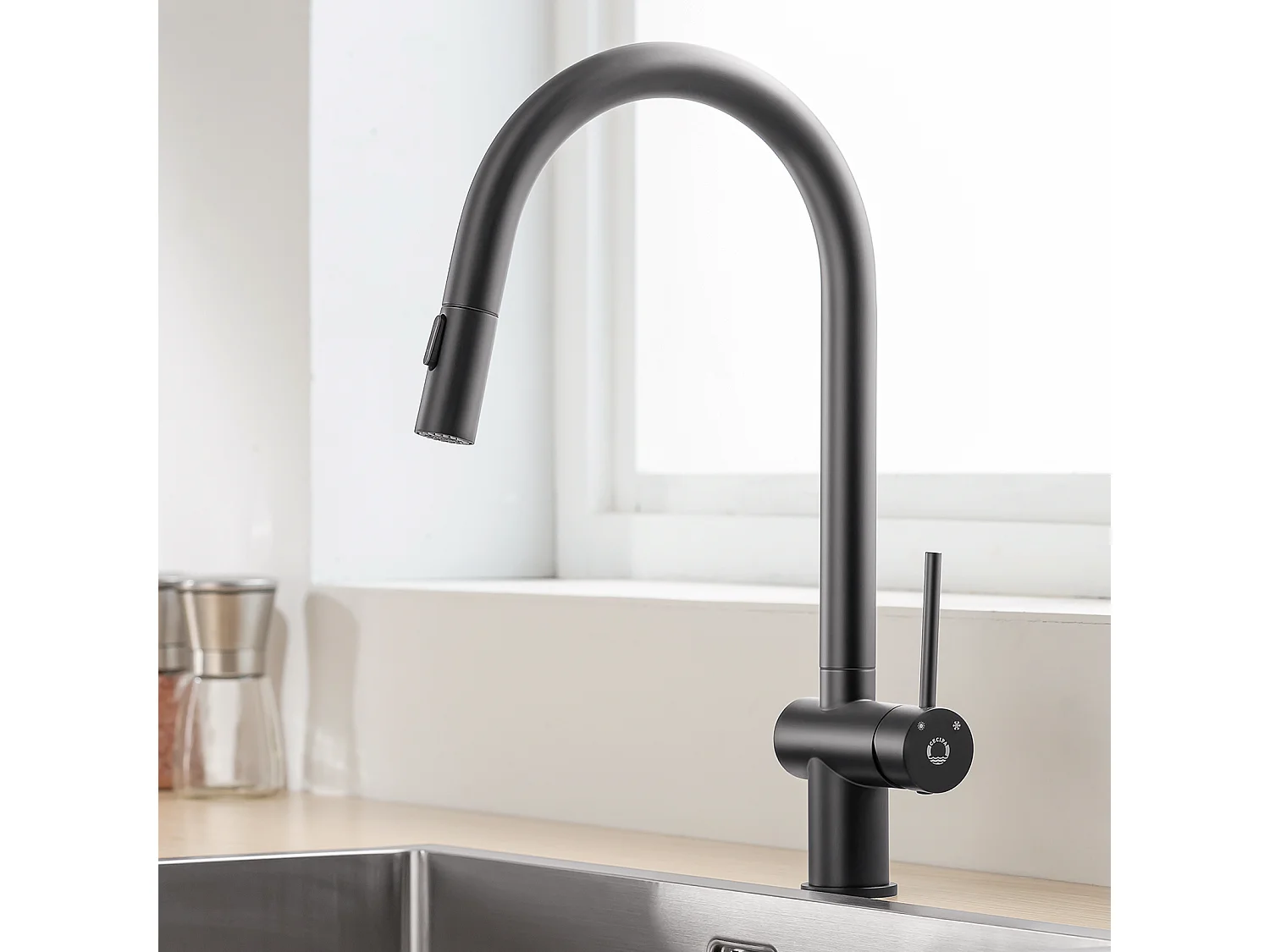 Cecipa max Fregadero de Cuarzo Negro 45x45cm Fregadero de 1 Seno de Cuarzo y Resina + Mezclador de Cocina con Ducha Extraíble con 2 Tipos de Ducha Negro