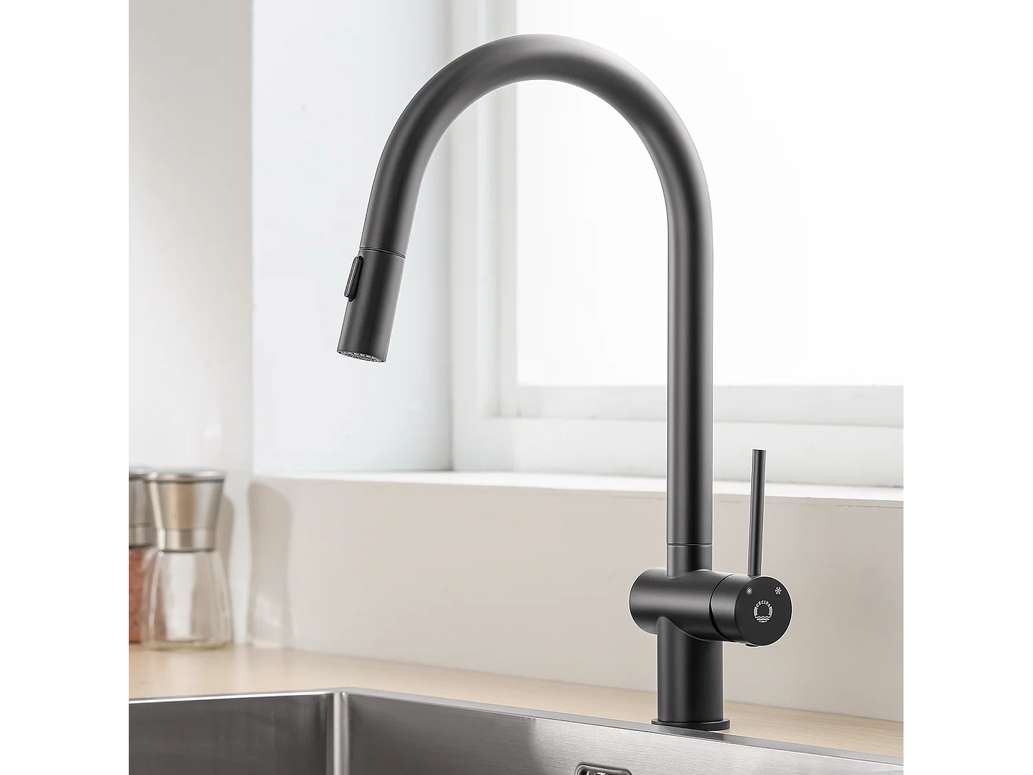 Cecipa max 45x45cm Evier Quartz Noir Evier 1 Bac en Quartz et Résine + Mitigeur de Cuisine avec Douchette Extractible avec 2 Types de Jet Noir