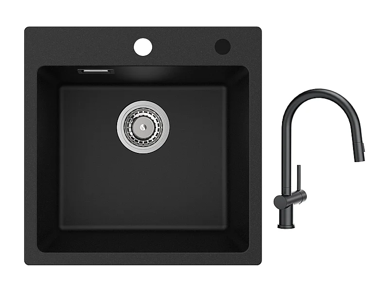 Cecipa max 45x45cm zwarte quartz spoelbak 1 wastafel in kwarts en hars + keukenmengkraan met uittrekbare spray met 2 soorten spray zwart