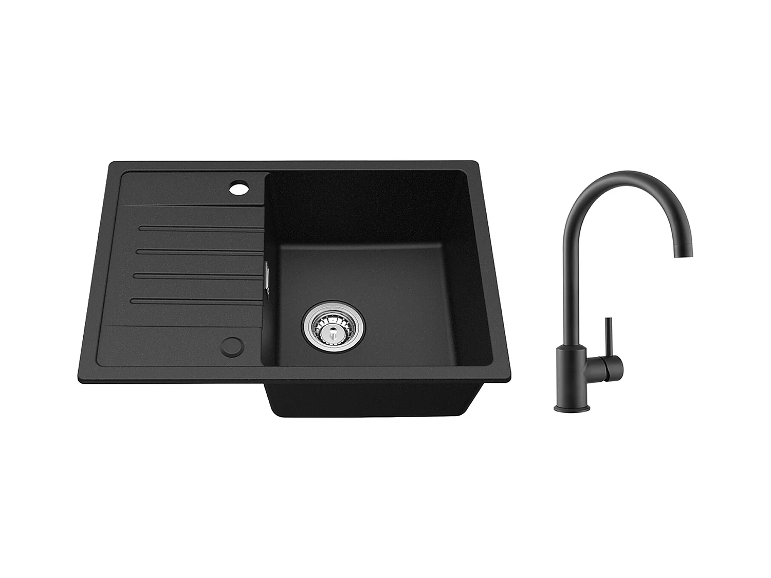 Noir Evier à Encastrer 1 Bac avec Egouttoir, Quartz et Résine, 65x45cm + Mitigeur de Cuisine en Inox Noir