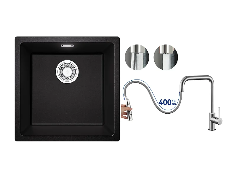 Evier 1 Bac en Quartz et Résine, 3 Options de Montage, 45*44*20cm + Mitigeur avec Douchette Extractible, Brossé