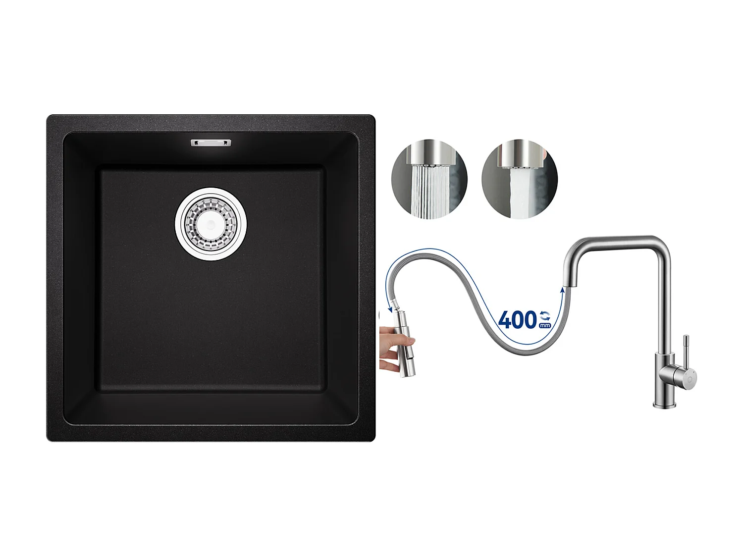 Evier 1 Bac en Quartz et Résine, 3 Options de Montage, 45*44*20cm + Mitigeur avec Douchette Extractible, Brossé