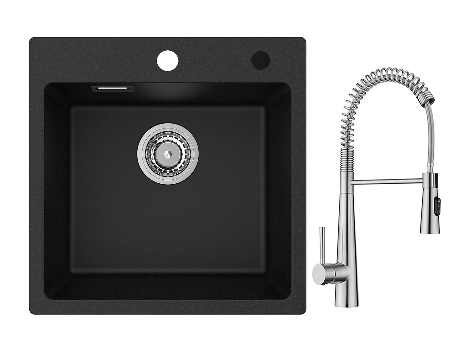 Cecipa max Fregadero de Cuarzo Negro 45x45 cm Fregadero de 1 Seno de Cuarzo y Resina + Mezclador de Cocina con Resorte y 3 Salidas de Agua, Cepillado