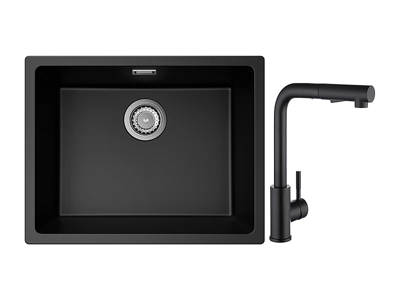 CECIPA MAX Fregadero 1 Seno de Cuarzo y Resina Negro Gris 55*44*20cm + Mezclador de Cocina con Ducha Extraíble Negro