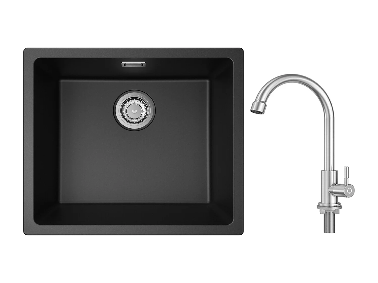 Evier 1 Bac en Quartz et Résine, 3 Options de Montage, 50*44*20cm + Robinet de Cuisine à eau Froide,Brossé