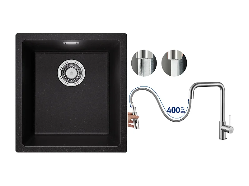 Evier 1 Bac en Quartz et Résine, 3 Options de Montage, 40*44*20cm + Mitigeur avec Douchette Extractible, Brossé