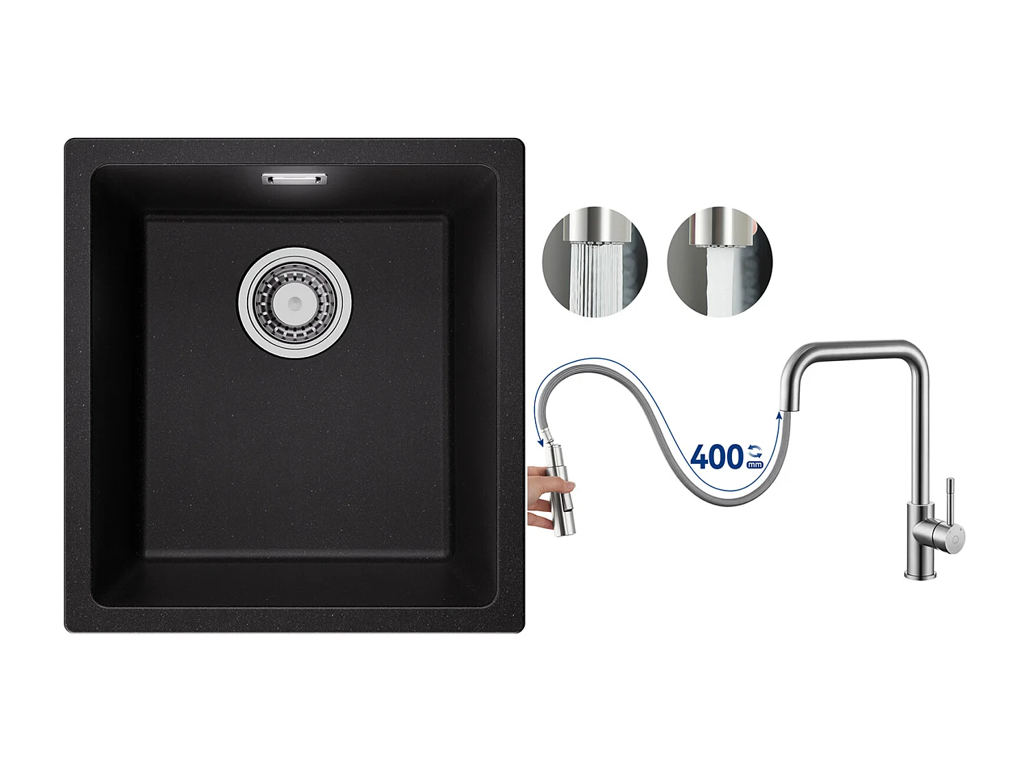 Evier 1 Bac en Quartz et Résine, 3 Options de Montage, 40*44*20cm + Mitigeur avec Douchette Extractible, Brossé