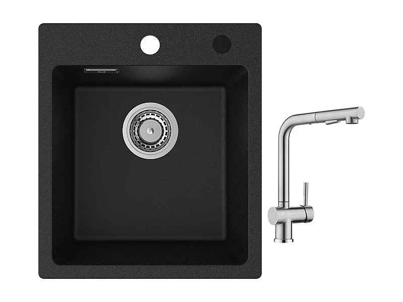 Cecipa max 40x45cm Evier de Cuisine en Quartz et Résine Evier Quartz 1 Bac Noir + Robinet Cuisine avec Douchette Mitigeur d'évier Extractible Brossé