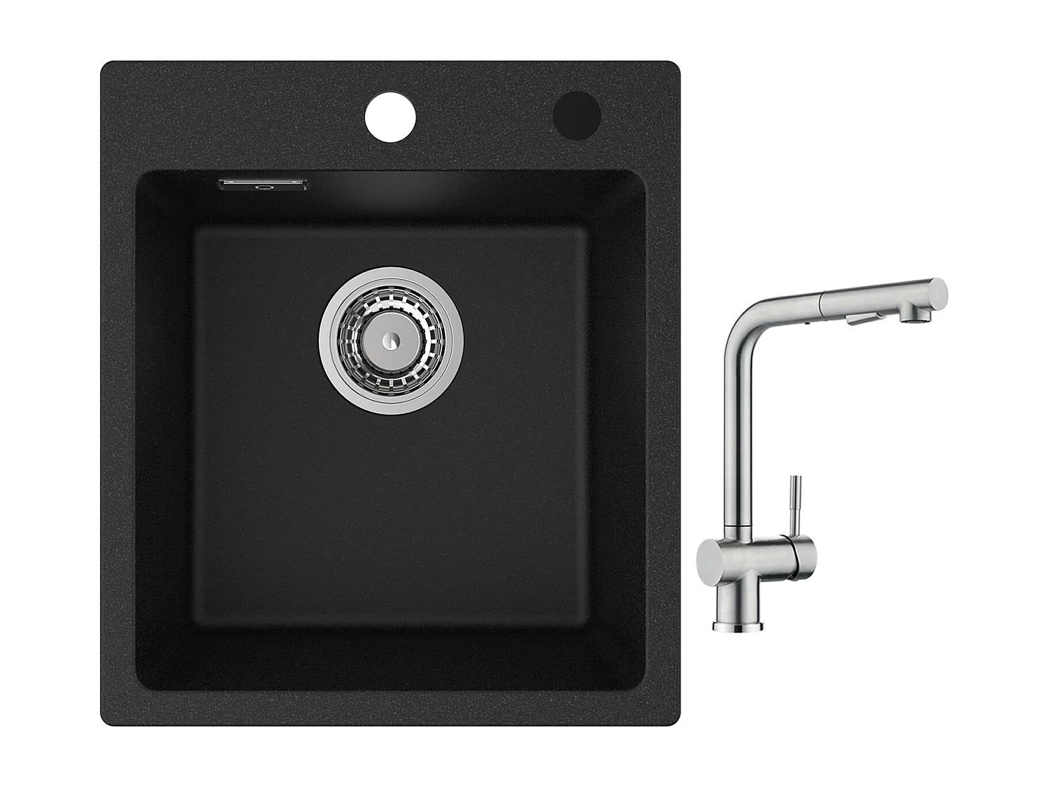 Cecipa max 40x45cm Evier de Cuisine en Quartz et Résine Evier Quartz 1 Bac Noir + Robinet Cuisine avec Douchette Mitigeur d'évier Extractible Brossé