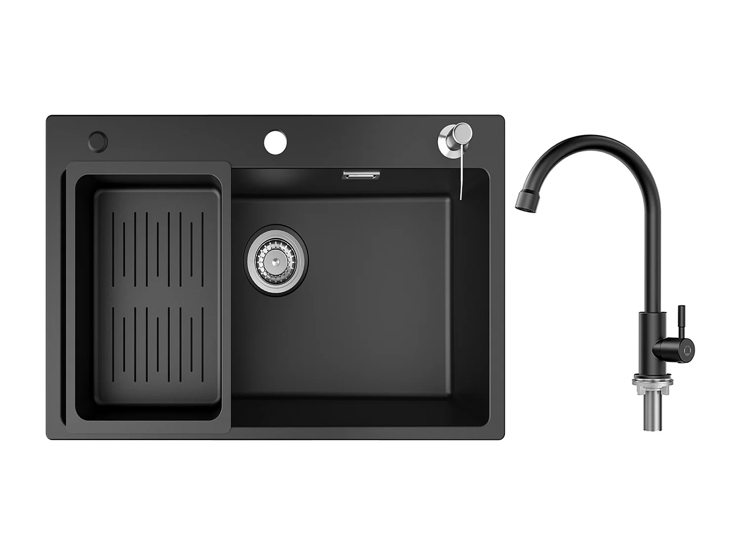 Evier 1 Bac 70x45cm Noir Evier en Quartz avec Panier de Vidange et Distributeur de Savon + Robinet de Cuisine à eau Froide,Noir