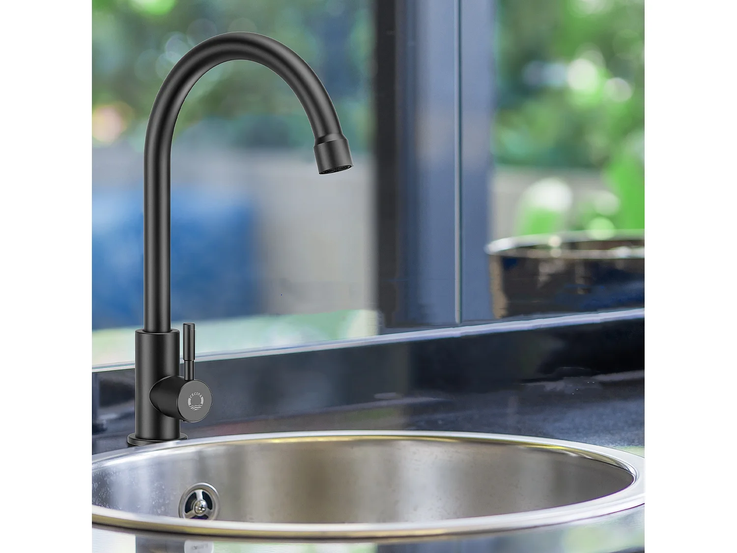 Evier 1 Bac 70x45cm Noir Evier en Quartz avec Panier de Vidange et Distributeur de Savon + Robinet de Cuisine à eau Froide,Noir