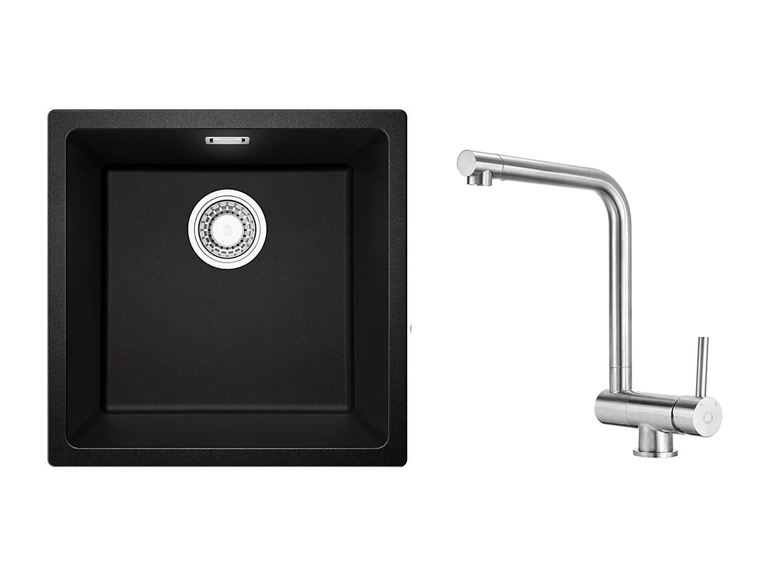 Evier 1 Bac en Quartz et Résine, 3 Options de Montage, 45*44*20cm + Mitigeur de Cuisine Rabattable Brossé