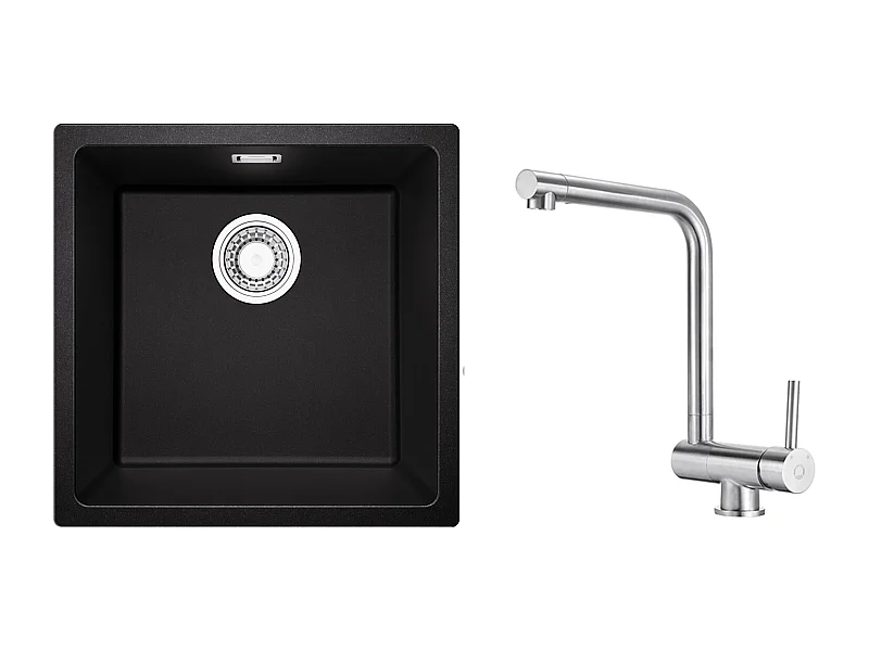 Evier 1 Bac en Quartz et Résine, 3 Options de Montage, 45*44*20cm + Mitigeur de Cuisine Rabattable Brossé