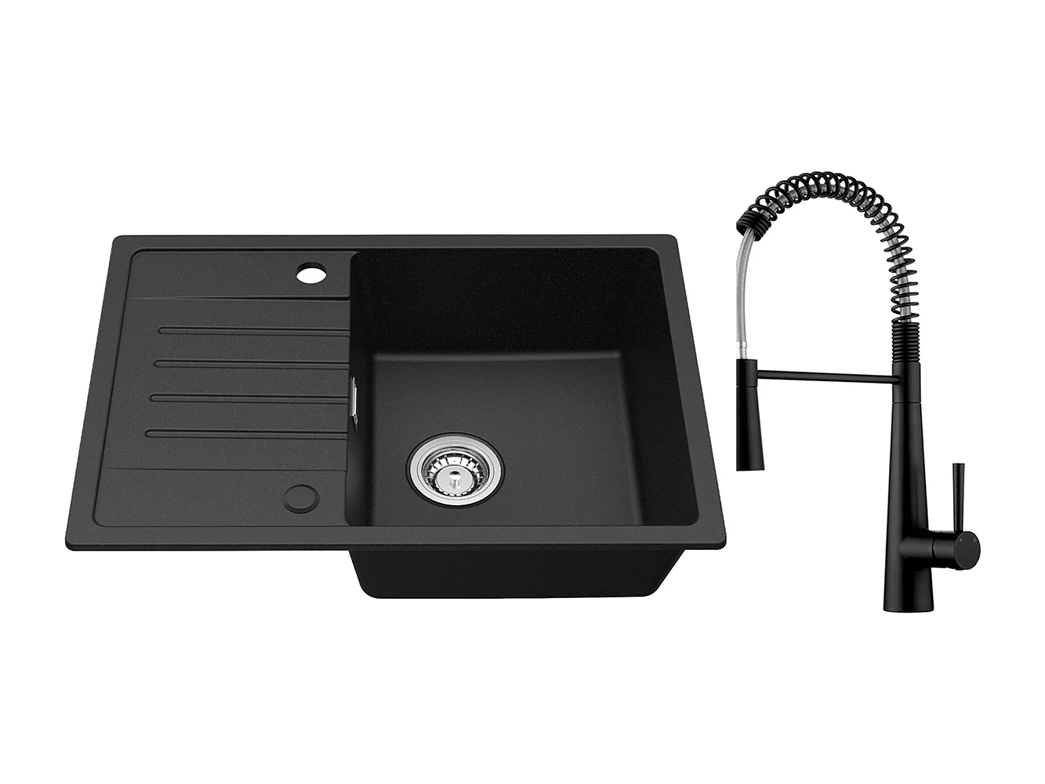 Cecipa max Evier 1 Bac avec Egouttoir, Evier en Quartz et résine Noir 65x45cm + Mitigeur de Cuisine à Ressort avec 3 Modes de Sortie D'eau, Noir