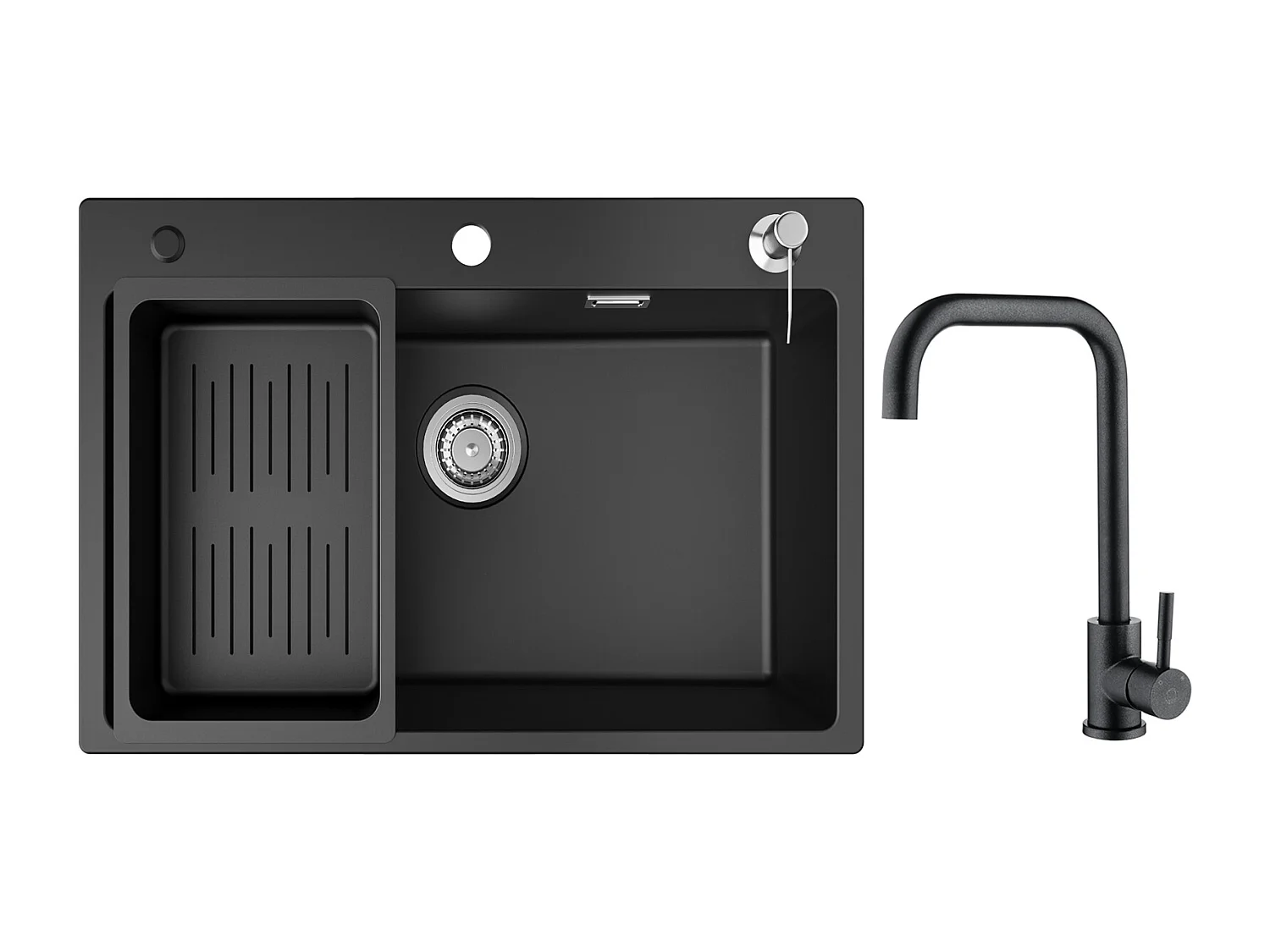 Evier 1 Bac 70x45 cm Noir Evier en Quartz et Résine avec Panier de Vidange et Distributeur de Savon + Mitigeur de Cuisine en Inox Noir étoilé