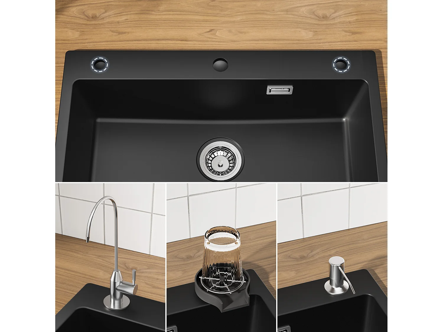Evier 1 Bac 70x45 cm Noir Evier en Quartz et Résine avec Panier de Vidange et Distributeur de Savon + Mitigeur de Cuisine en Inox Noir étoilé
