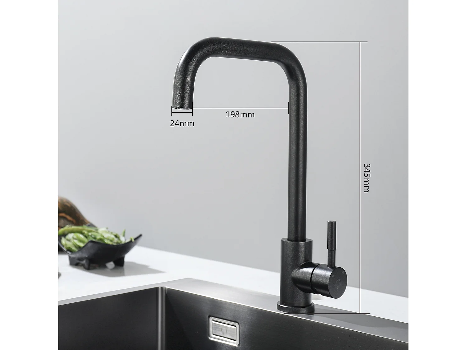 Evier 1 Bac 70x45 cm Noir Evier en Quartz et Résine avec Panier de Vidange et Distributeur de Savon + Mitigeur de Cuisine en Inox Noir étoilé