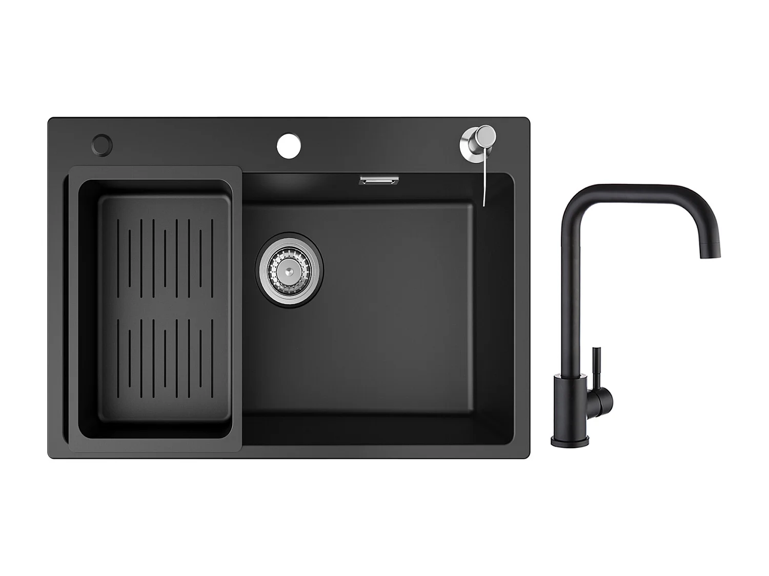 Evier 1 Bac 70x45 cm Noir Evier en Quartz et Résine avec Panier de Vidange et Distributeur de Savon + Mitigeur de Cuisine en Inox Noir