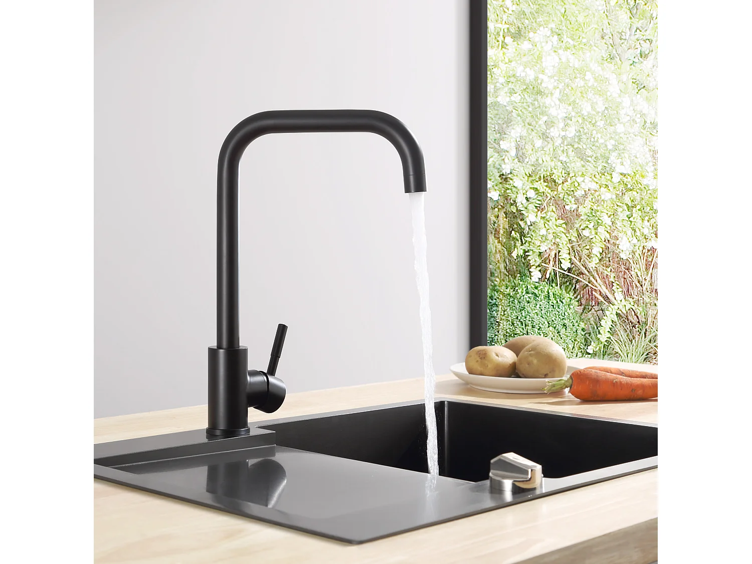 Evier 1 Bac 70x45 cm Noir Evier en Quartz et Résine avec Panier de Vidange et Distributeur de Savon + Mitigeur de Cuisine en Inox Noir