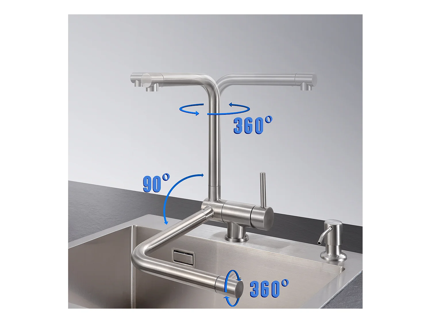 Cecipa MAX Einzelbecken aus Quarz und Kunstharz, Schwarz, 45 x 45 cm, Einbauspüle + gebürstete, klappbare Küchenmischbatterie
