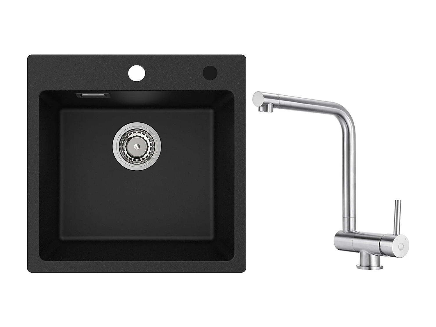 Cecipa MAX Einzelbecken aus Quarz und Kunstharz, Schwarz, 45 x 45 cm, Einbauspüle + gebürstete, klappbare Küchenmischbatterie