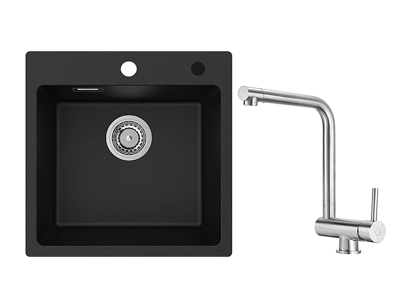 Cecipa MAX Einzelbecken aus Quarz und Kunstharz, Schwarz, 45 x 45 cm, Einbauspüle + gebürstete, klappbare Küchenmischbatterie