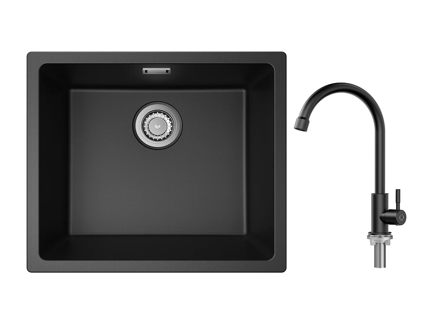 1-kom kwarts- en harsgootsteen, 3 montageopties, 50 * 44 * 20 cm + koudwaterkeukenkraan, zwart