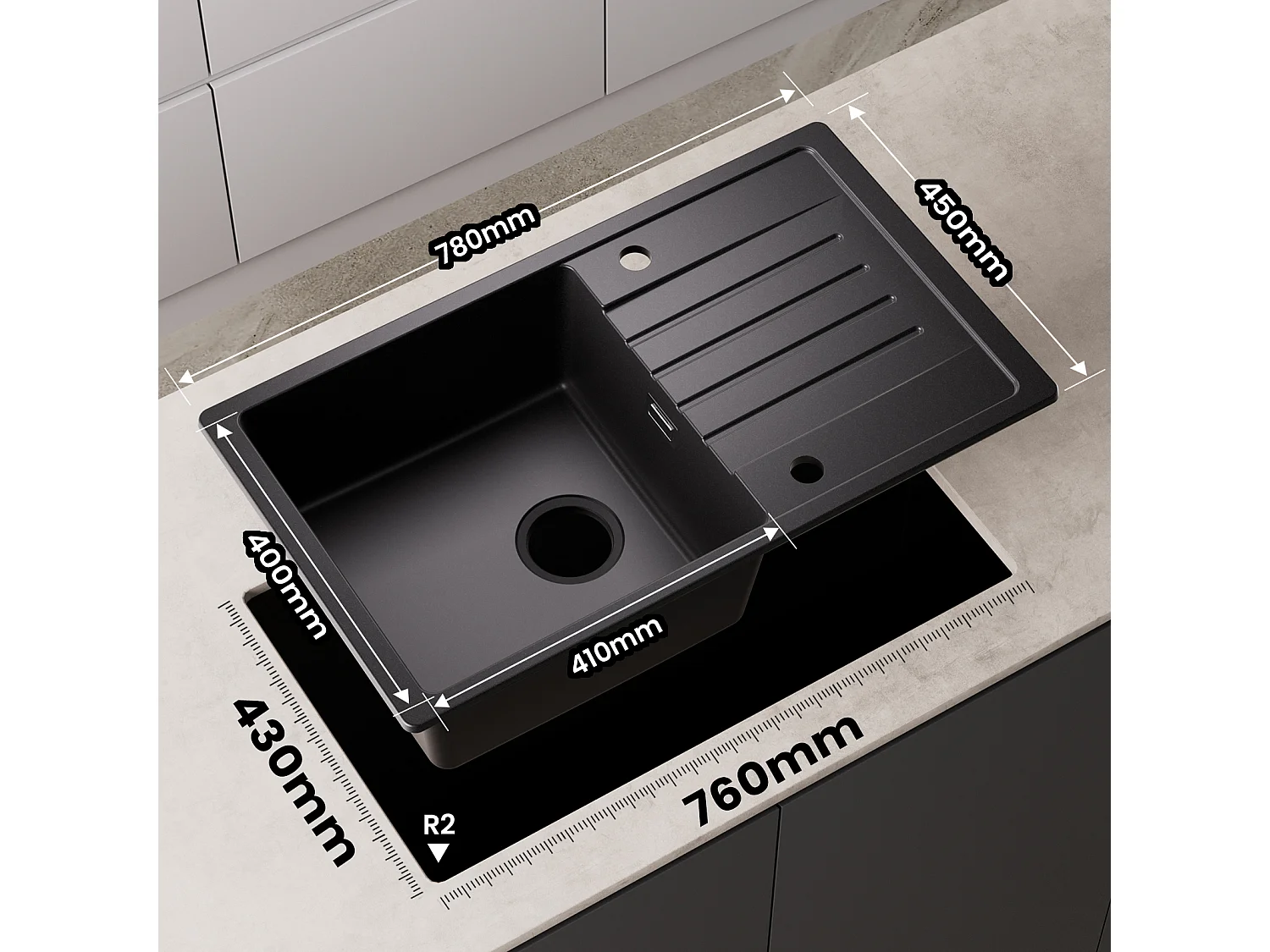 Evier 1 Bac avec Egouttoir, 78x45cm Evier en Quartz et résine Noir + Flexible Mitigeur de Cuisine, 2 Types de Jets  Robinet Extractible Noir