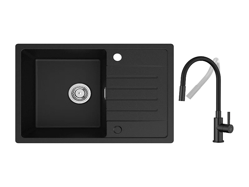 Evier 1 Bac avec Egouttoir, 78x45cm Evier en Quartz et résine Noir + Flexible Mitigeur de Cuisine, 2 Types de Jets  Robinet Extractible Noir