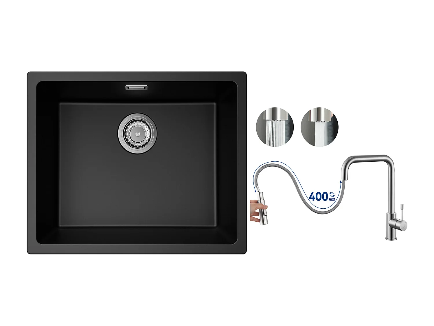 Evier 1 Bac en Quartz et Résine, 3 Options de Montage, 55*44*20cm + Mitigeur avec Douchette Extractible, Brossé