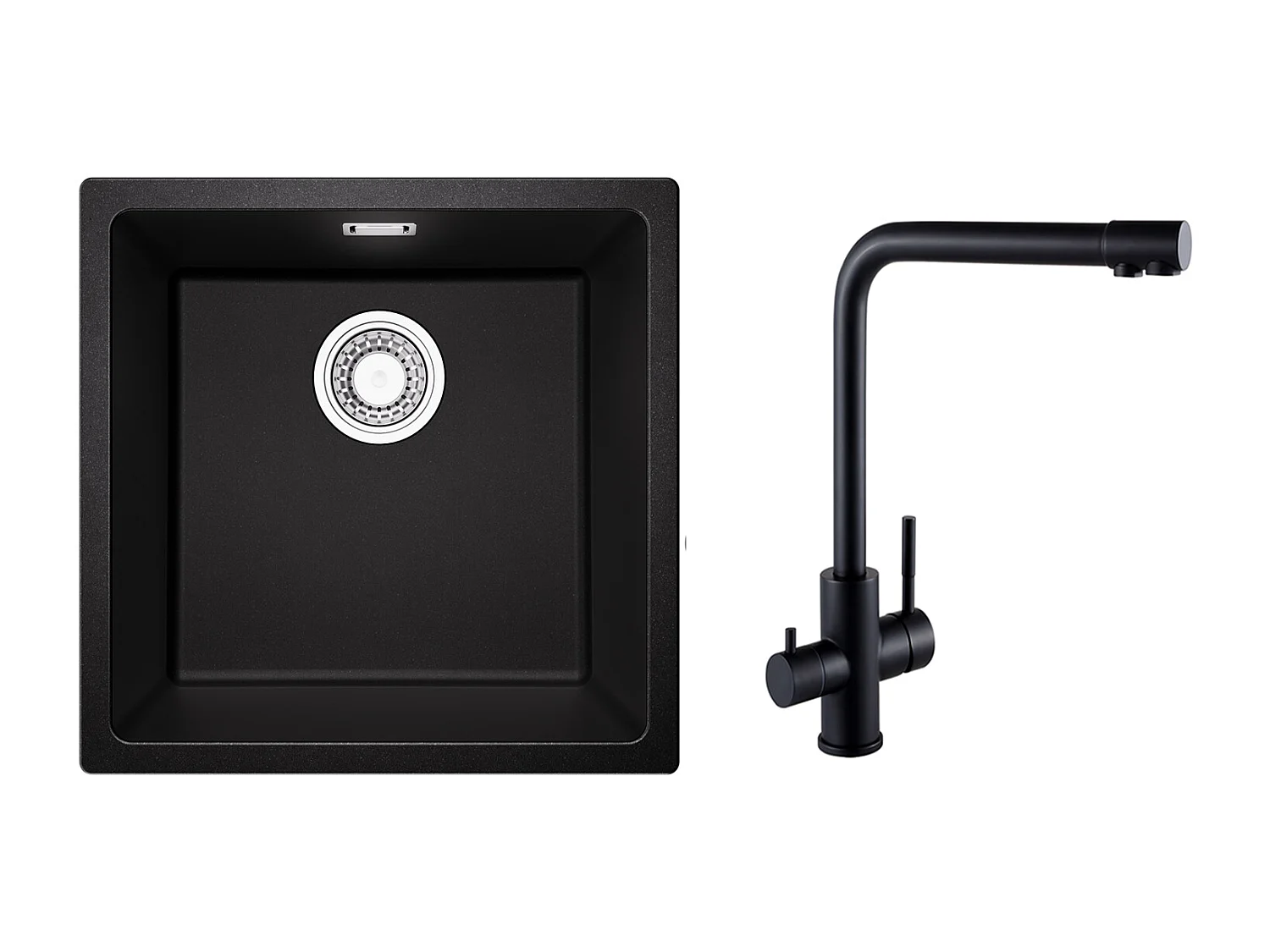 Evier 1 Bac en Quartz et Résine, 3 Options de Montage, 45*44*20cm + Mitigeur Evier à 3 Voies, 2 Leviers, Noir