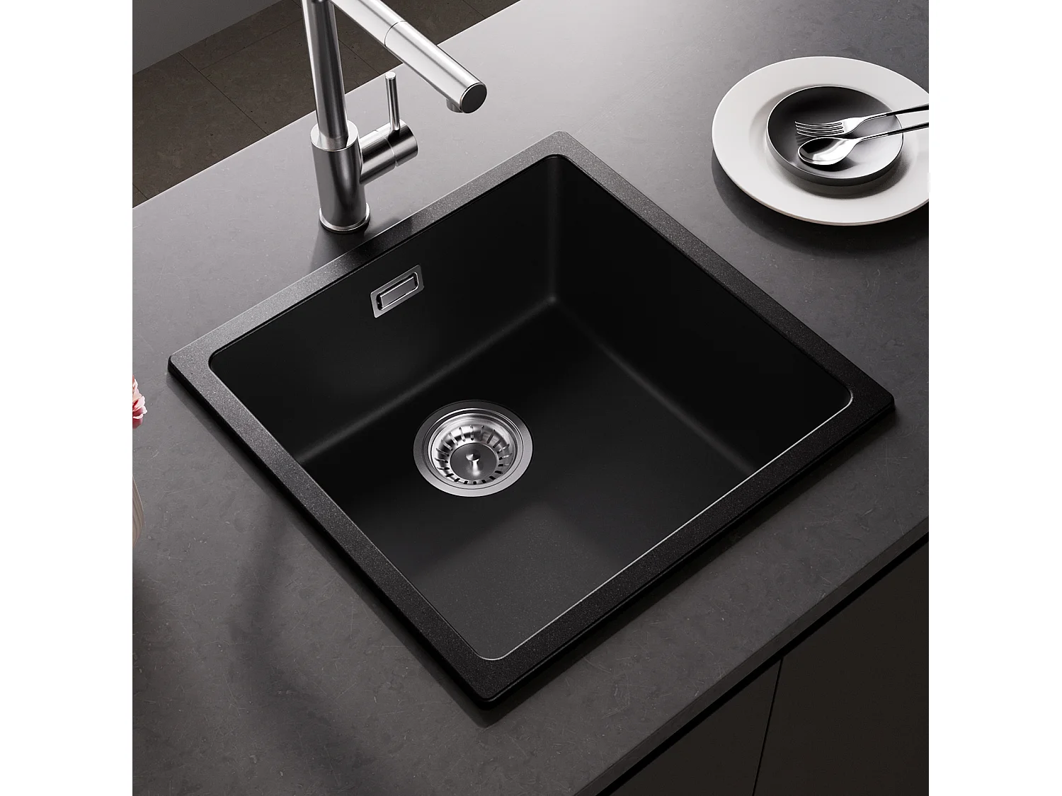 CECIPA MAX Lavello 1 Vasca in Quarzo e Resina Nero Grigio 45*44*20cm + Miscelatore Pieghevole Nero Miscelatore Pieghevole Sotto Finestra