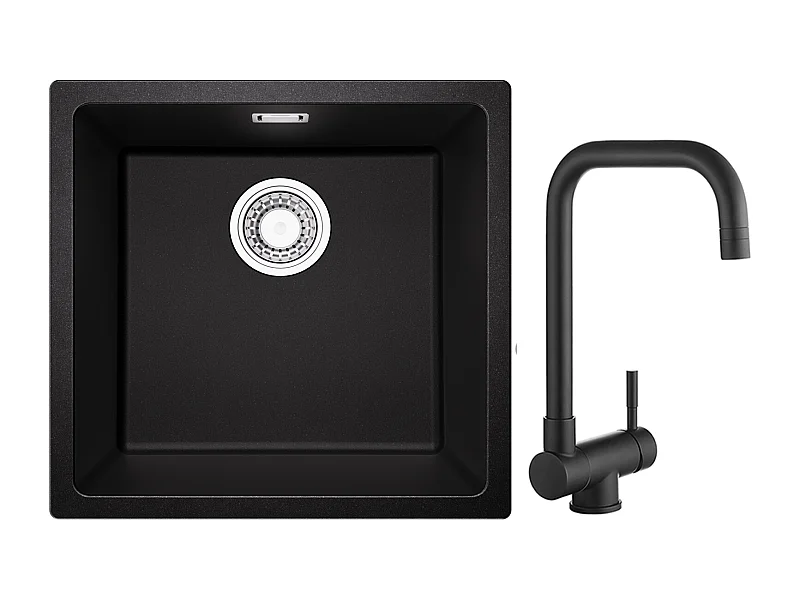 CECIPA MAX Evier 1 Bac en Quartz et Résine Noir Gris 45*44*20cm + Mitigeur Rabattable Noir Robinet Pliable Mitigeur Sous Fenêtre