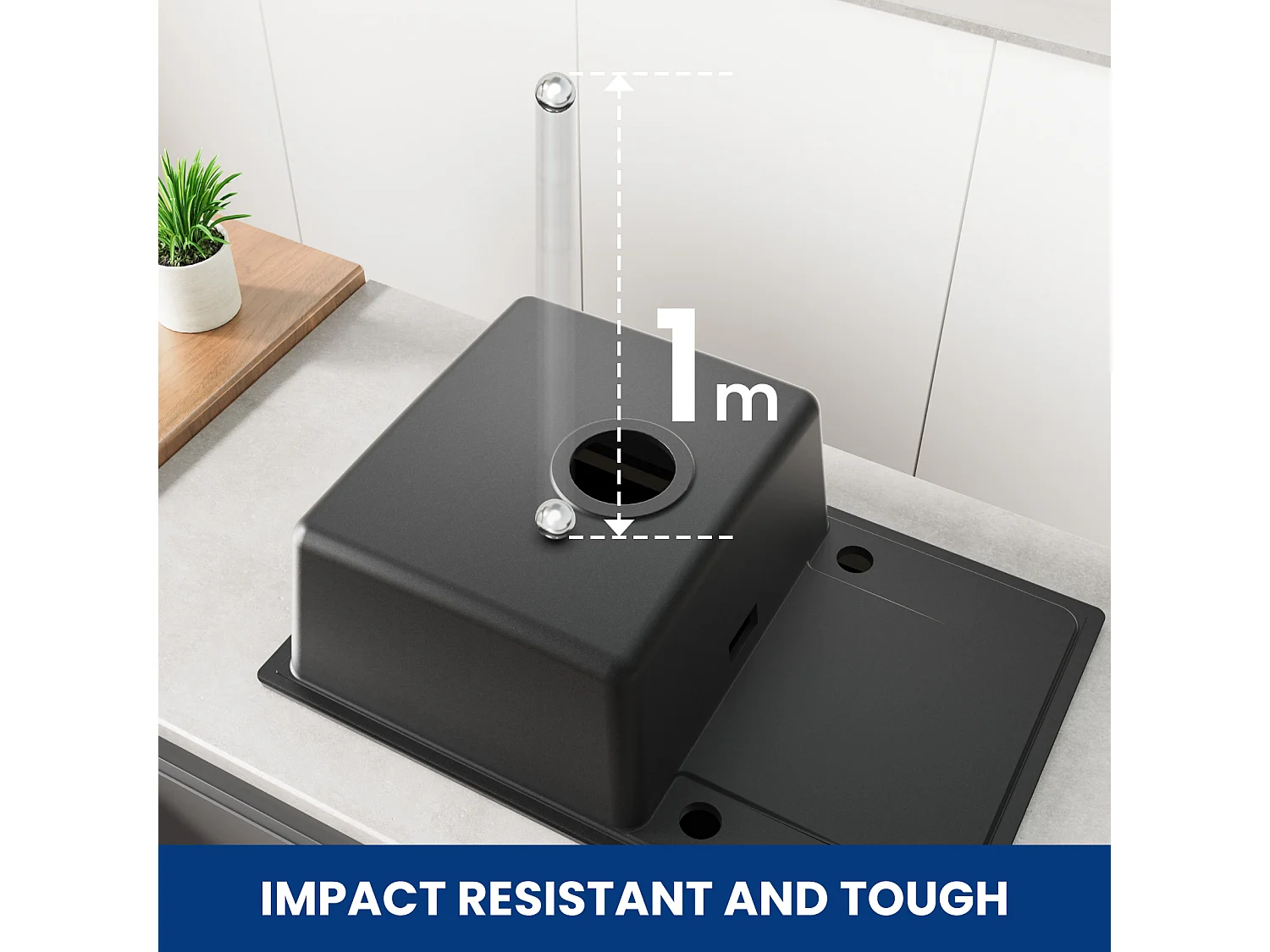Noir Evier à Encastrer 1 Bac avec Egouttoir, Quartz et Résine, 65x45cm + Mitigeur de Evier Noir Rrotatif à 360 °