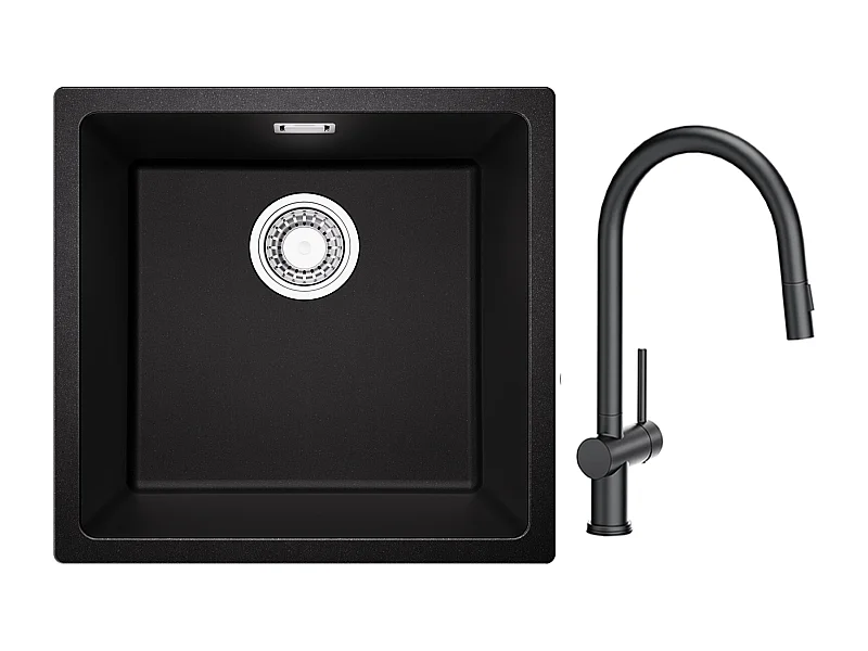 CECIPA MAX Evier 1 Bac en Quartz et Résine Noir Gris 45*44*20cm + Mitigeur de Cuisine avec Douchette Extractible avec 2 Types de Jet