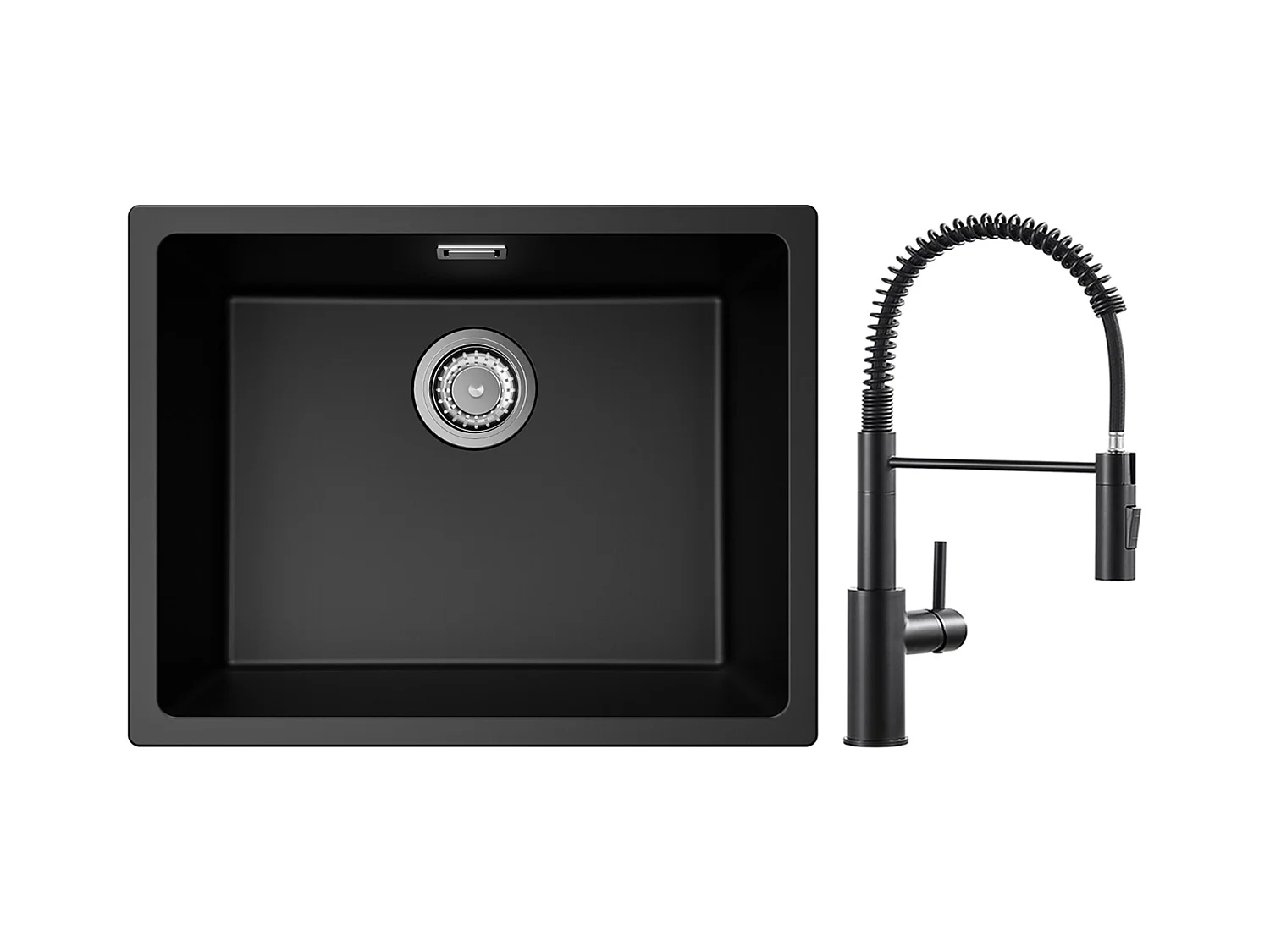CECIPA MAX Evier 1 Bac en Quartz et Résine Noir Gris 55*44*20cm + Mitigeur de Cuisine à Ressort Noir avec Douchette Extractible