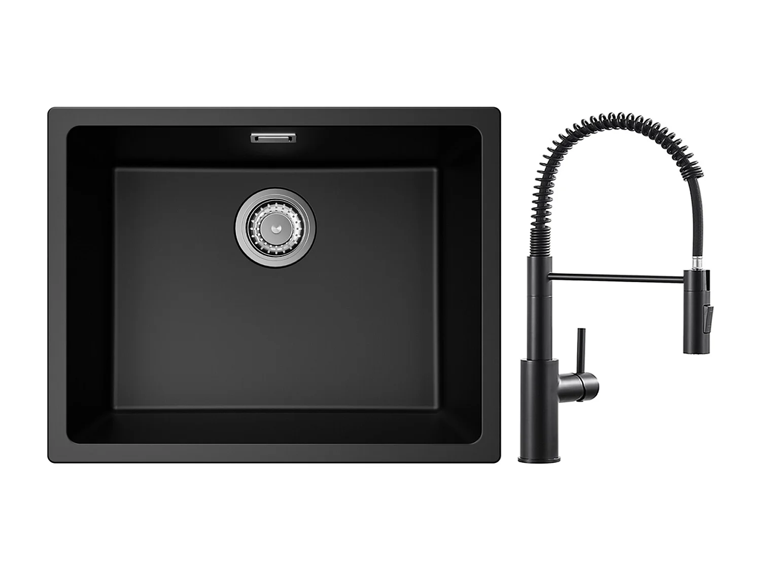 CECIPA MAX Fregadero 1 Seno de Cuarzo y Resina Negro Gris 55*44*20cm + Mezclador de Cocina de Muelle Negro con Ducha Extraíble