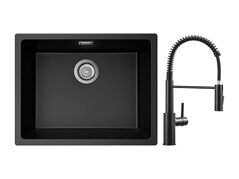 CECIPA MAX Fregadero 1 Seno de Cuarzo y Resina Negro Gris 55*44*20cm + Mezclador de Cocina de Muelle Negro con Ducha Extraíble