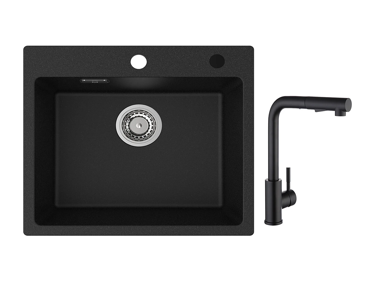 Cecipa max Schwarze Quarzspüle, 50 x 45 cm, Einzelbecken, Quarzspüle, Granit-Küchenspüle + schwarze Mischbatterie mit ausziehbarer Brause, 2 Sprühmodi