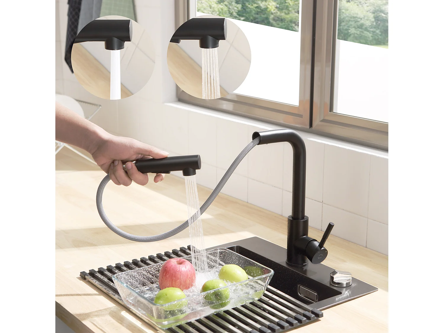 Cecipa max Schwarze Quarzspüle, 50 x 45 cm, Einzelbecken, Quarzspüle, Granit-Küchenspüle + schwarze Mischbatterie mit ausziehbarer Brause, 2 Sprühmodi